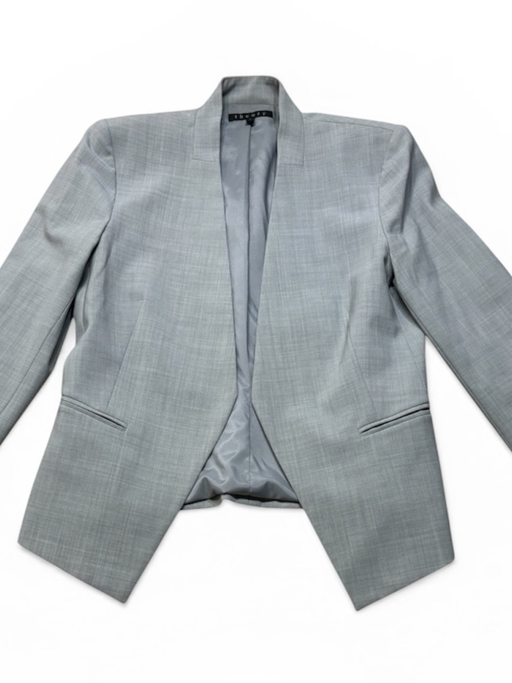 Theory Lanai Urban Blazer Gray Size 6 Collarless Open Front Wool Stretch